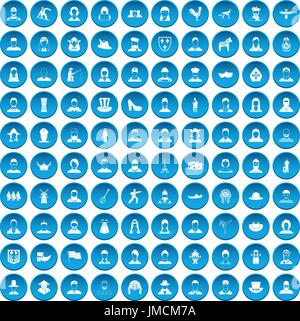 100 folk icons set blue Stock Vector