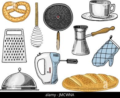Grater and whisk, frying pan, Coffee maker or grinder, french press, mixer  and baked loaf. kitchen utensils, cooking stuff for menu decoration.  engraved hand drawn in old sketch and vintage style Stock