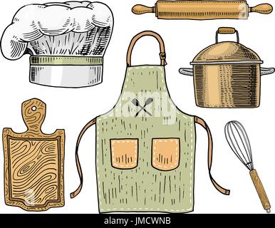 Apron or pinaphora and Hood, rolling pin and saucepan or corolla, wooden board. Chef and kitchen utensils, cooking stuff for menu decoration. engraved hand drawn in old sketch and vintage style. Stock Vector