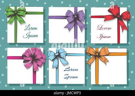 Set of Hand Drawn Cards With colorful Gift Bows And Ribbons. Vector illustration Stock Vector