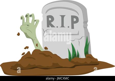 Zombie's hand rising from grave on white background - cartoon vector illustration Stock Vector