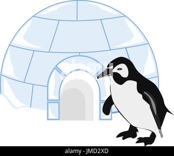 Vector illustration snow or ice house igloo and penguin. House made from ice blocks Stock Vector