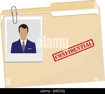 Vector illustration file folder with stamp confidential and male polaroid photo. Office documents Stock Vector