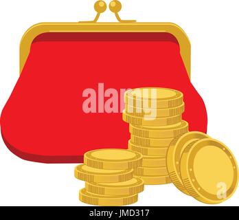 Vector illustration red retro purse and stack of golden coins. Saving money concept. Purse flat icon Stock Vector