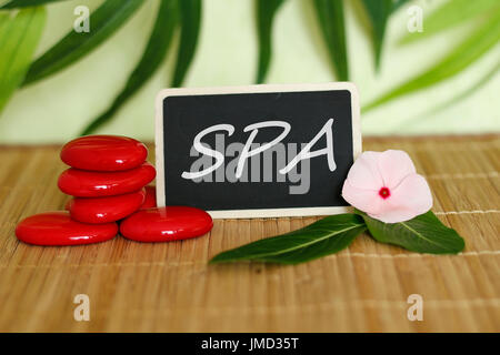 A slate with a spa message next to red pebbles arranged in zen lifestyle on bamboo wood floor with a peony flower Stock Photo