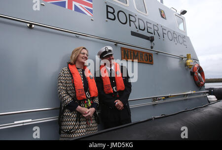 Head of Border Force Maritime Gordon Scarratt with Home Secretary Amber Rudd as she visits Troon to see one of Border Force's new coastal patrol vessels (CPV) in action. Stock Photo