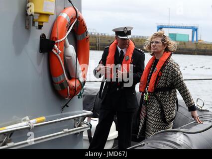 Home Secretary Amber Rudd on board one of Border Force's new coastal patrol vessels (CPV) called Nimrod with Gordon Scarratt Head of Border Force Maritime in Troon. Stock Photo