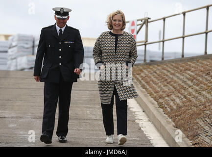 Home Secretary Amber Rudd visiting one of Border Force's new coastal patrol vessels (CPV) called Nimrod with Gordon Scarratt Head of Border Force Maritime in Troon. Stock Photo