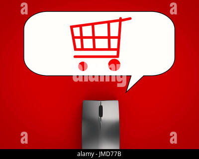 online shopping concept with shopping cart icon and wireless mouse on red background Stock Photo