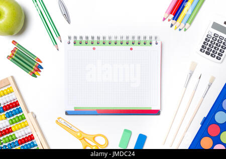 Back to school supplies composition. school desktop pencil background supplies education workspace table concept Stock Photo