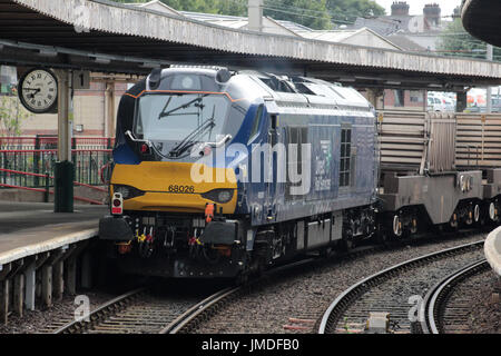 Nuclear Flask freight train at Carnforth with two Direct Rail Services class 68 diesel-electric locomotives top and tailing the train. Stock Photo
