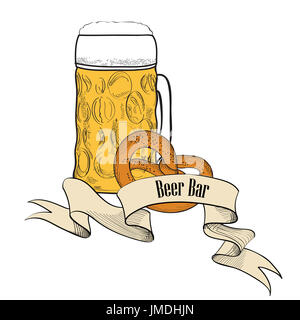 Beer ware background in retro style. Beer Mug banner. Beer Glass doodle engraved poster. Stock Photo