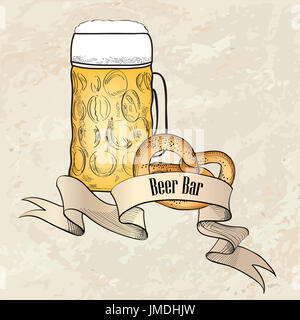 Beer ware background in retro style. Beer Mug banner. Beer Glass doodle engraved poster. Stock Photo