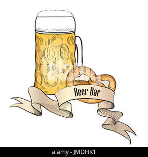 Beer ware background in retro style. Beer Mug banner. Beer Glass doodle engraved poster. Stock Photo