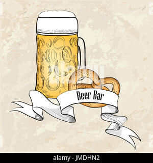 Beer ware background in retro style. Beer Mug banner. Beer Glass doodle engraved poster. Stock Photo