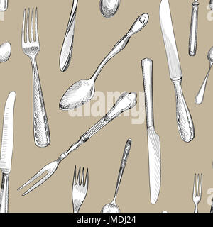 Fork, Knife, Spoon hand drawing sketch  seamless texture. Cutlery  pattern Stock Photo