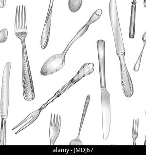 Fork, Knife, Spoon hand drawing sketch  seamless texture. Cutlery  pattern Stock Photo