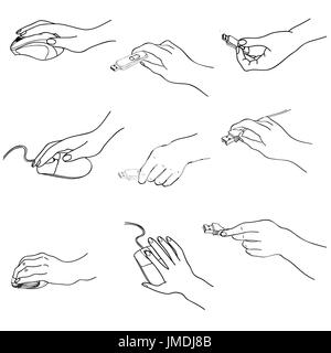 Hands set. Hand holding memory stick, computing, mouse, plug. Hand drawing sketch collection. Stock Photo