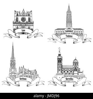 French famous buildings and landmarks. Hand drawn French city label set. Roman architecture. Travel France symbol collection. Bordeaux, Toulouse, Lyon Stock Photo