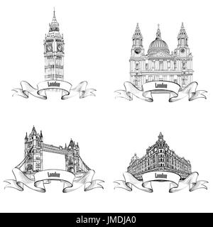 London famous buildings set. Engraving collection of London landmarks: Big Ben, Tower Bridge, St. Paul Cathedral, Harrods store. Travel UK icon collec Stock Photo