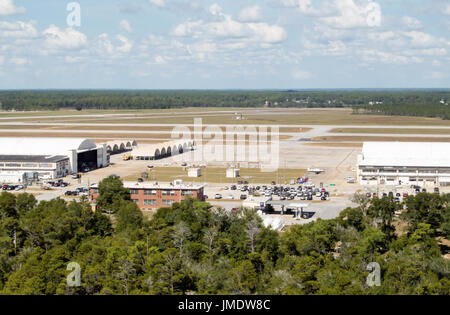 An overhead overlook of  military air base and hangars in Pensacola Florida.