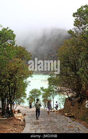 Kawah Putih, also known as White Crater, is a natural sulfur rich volcanic lake in West Java, Indonesia Stock Photo