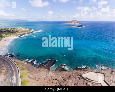 Aerial view of the Ocean and Coastline of Oahu Hawaii Stock Photo