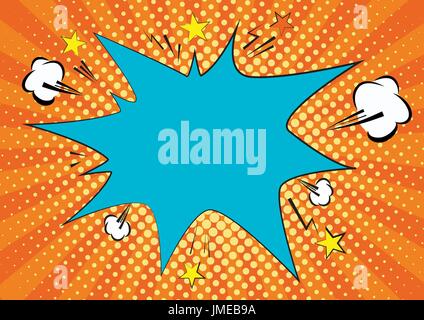 Orange, yelow rays and dots pop art background. clouds and speech star bubble for text. retro vector illustration for design Stock Vector