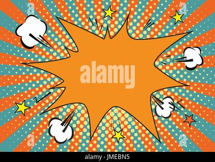 Orange, yelow rays and dots pop art background. clouds and speech star bubble for text. retro vector illustration for design Stock Vector