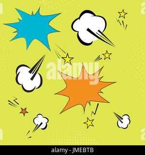 background with pop art elements. yelow dots, clouds and speech star bubble for text. retro vector illustration for design Stock Vector