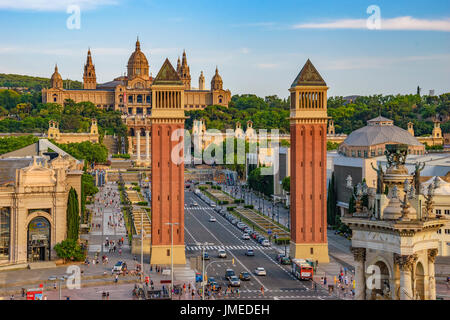 Venetian Towers at Placa d'Espanya also known as Plaza de Espana, is one of Barcelona's most important squares. Stock Photo