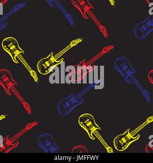 Seamless pattern Colored guitar on a black background. Seamless pattern can be used for wallpaper, pattern fills, web page backgrounds, surface textur Stock Vector