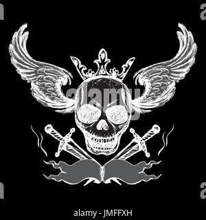 Skulls Wings Tattoo on black, hand drawing,vector Stock Vector