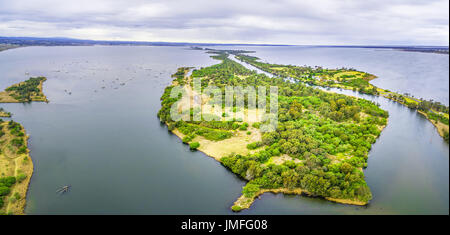 Aerial panoramic view of Silt Jetties, Eagle Point Bay and Jones Bay at Gippsland Lakes Reserve, Victoria, Australia Stock Photo