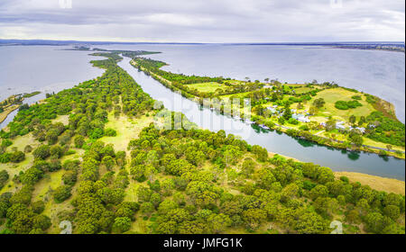 Aerial panoramic view of Mitchell River Silt Jetties, Gippsland, Australia Stock Photo