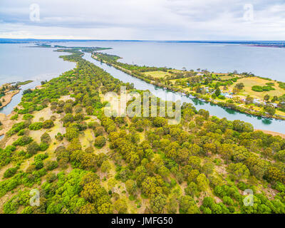 Aerial view of Mitchell River Silt Jetties at Gippsland Lakes Reserve, Victoria, Australia Stock Photo