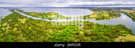 Aerial panorama of Mitchell River Silt Jetties Gippsland Lakes Reserve, Victoria, Australia Stock Photo