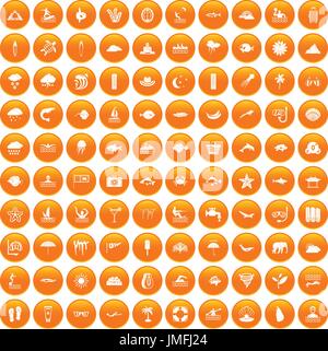 100 diving icons set orange Stock Vector