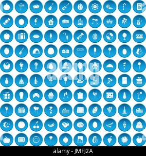 100 fruit party icons set blue Stock Vector