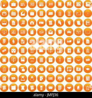 100 document icons set orange Stock Vector