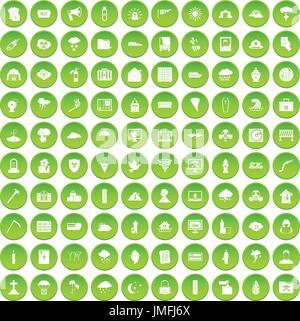 100 natural disasters icons set green Stock Vector