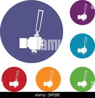 Chisel tool in man hend icons set Stock Vector