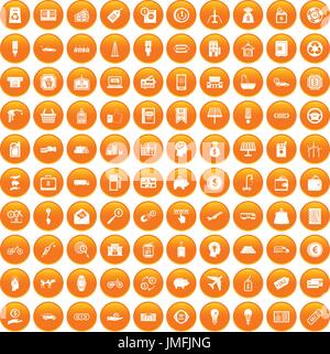 100 economy icons set orange Stock Vector
