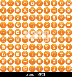 100 e-learning icons set orange Stock Vector
