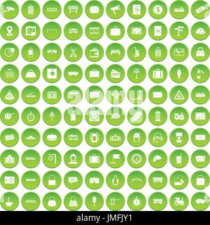 100 railway icons set green Stock Vector