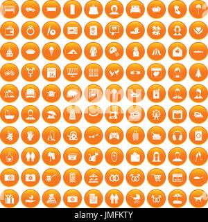 100 family icons set orange Stock Vector