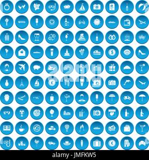 100 honeymoon icons set blue Stock Vector