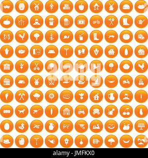100 farm icons set orange Stock Vector