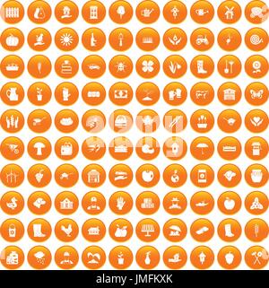 100 farm icons set orange Stock Vector
