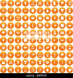 100 farming icons set orange Stock Vector